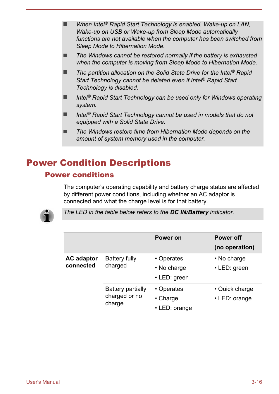 Power condition descriptions, Power conditions, Power condition descriptions -16 | Toshiba Tecra A50-A User Manual | Page 48 / 167