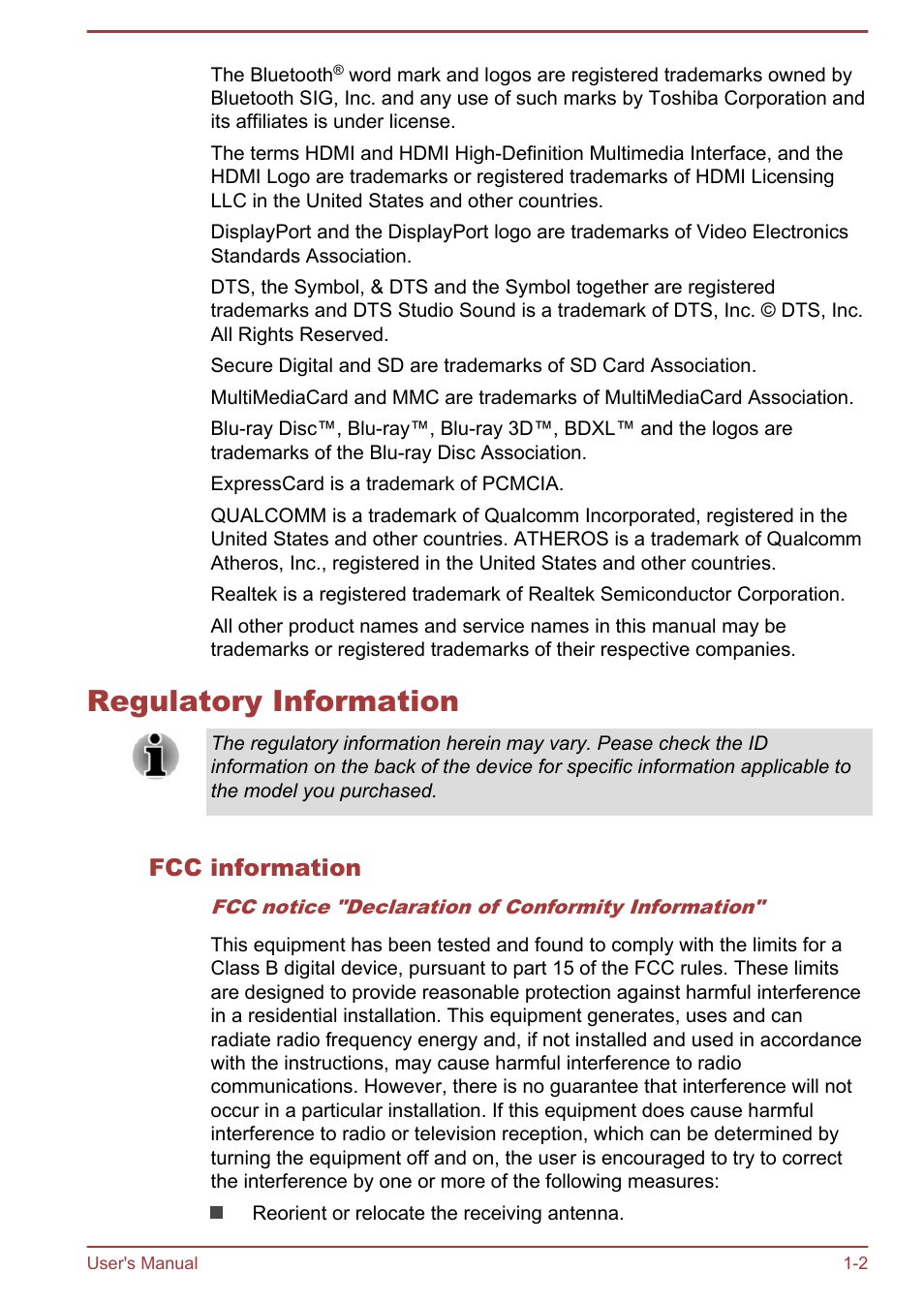 Regulatory information, Fcc information, Regulatory information -2 | Toshiba Tecra A50-A User Manual | Page 5 / 167
