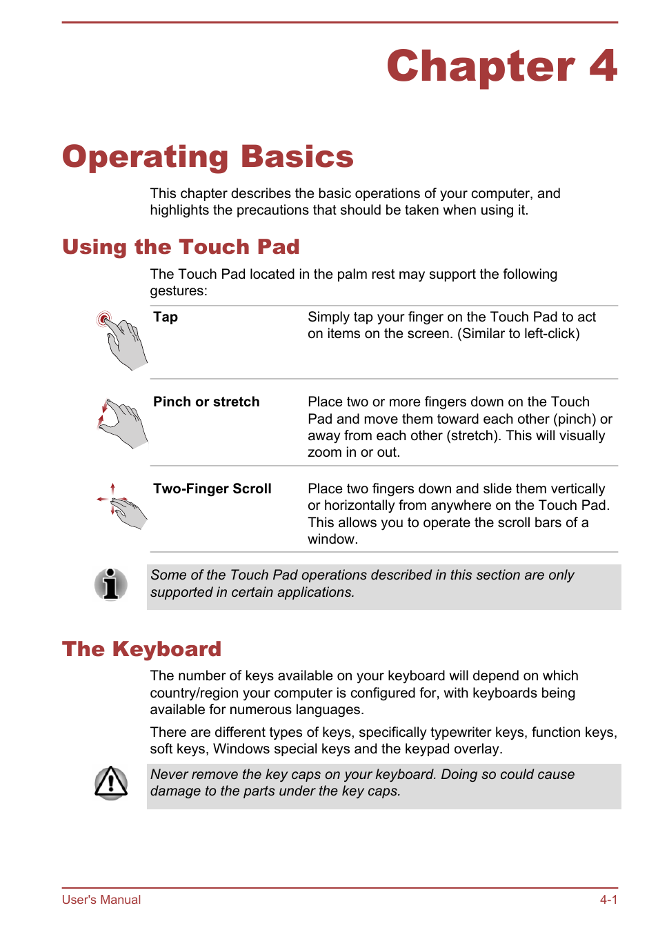 Chapter 4 operating basics, Using the touch pad, The keyboard | Chapter 4, Operating basics, Using the touch pad -1 the keyboard -1, Second, 1000base-t). refer to, Operating, Basics, For details | Toshiba Tecra A50-A User Manual | Page 51 / 167