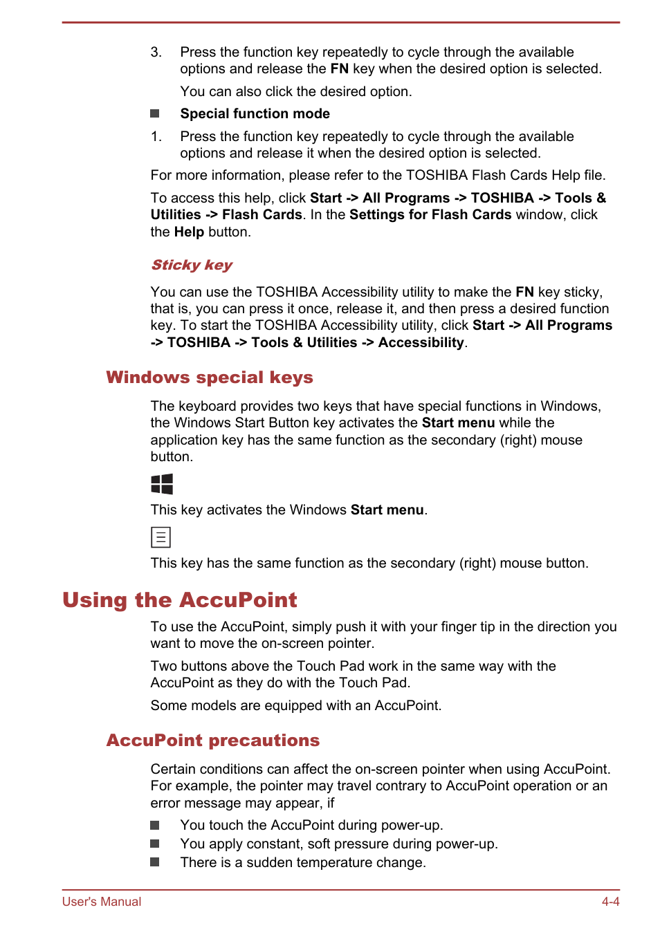 Windows special keys, Using the accupoint, Accupoint precautions | Using the accupoint -4 | Toshiba Tecra A50-A User Manual | Page 54 / 167