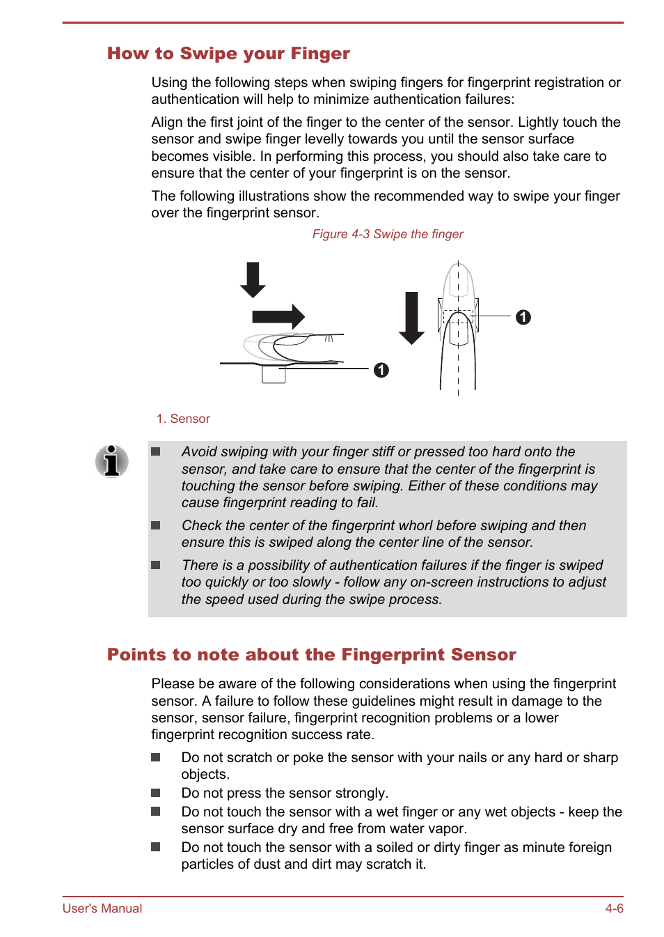 How to swipe your finger, Points to note about the fingerprint sensor | Toshiba Tecra A50-A User Manual | Page 56 / 167