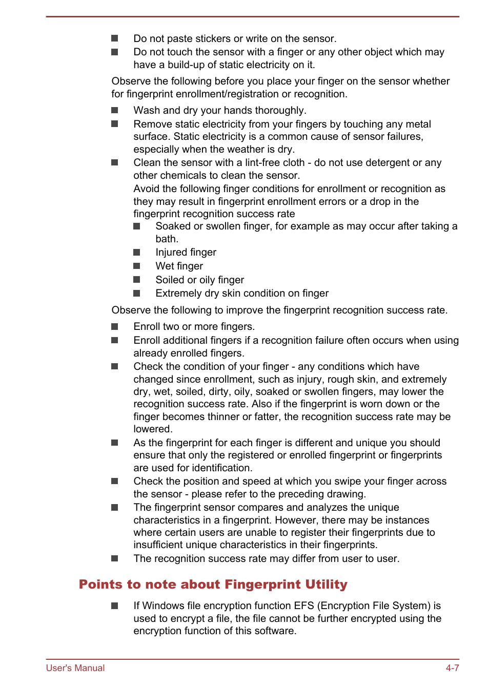 Points to note about fingerprint utility | Toshiba Tecra A50-A User Manual | Page 57 / 167