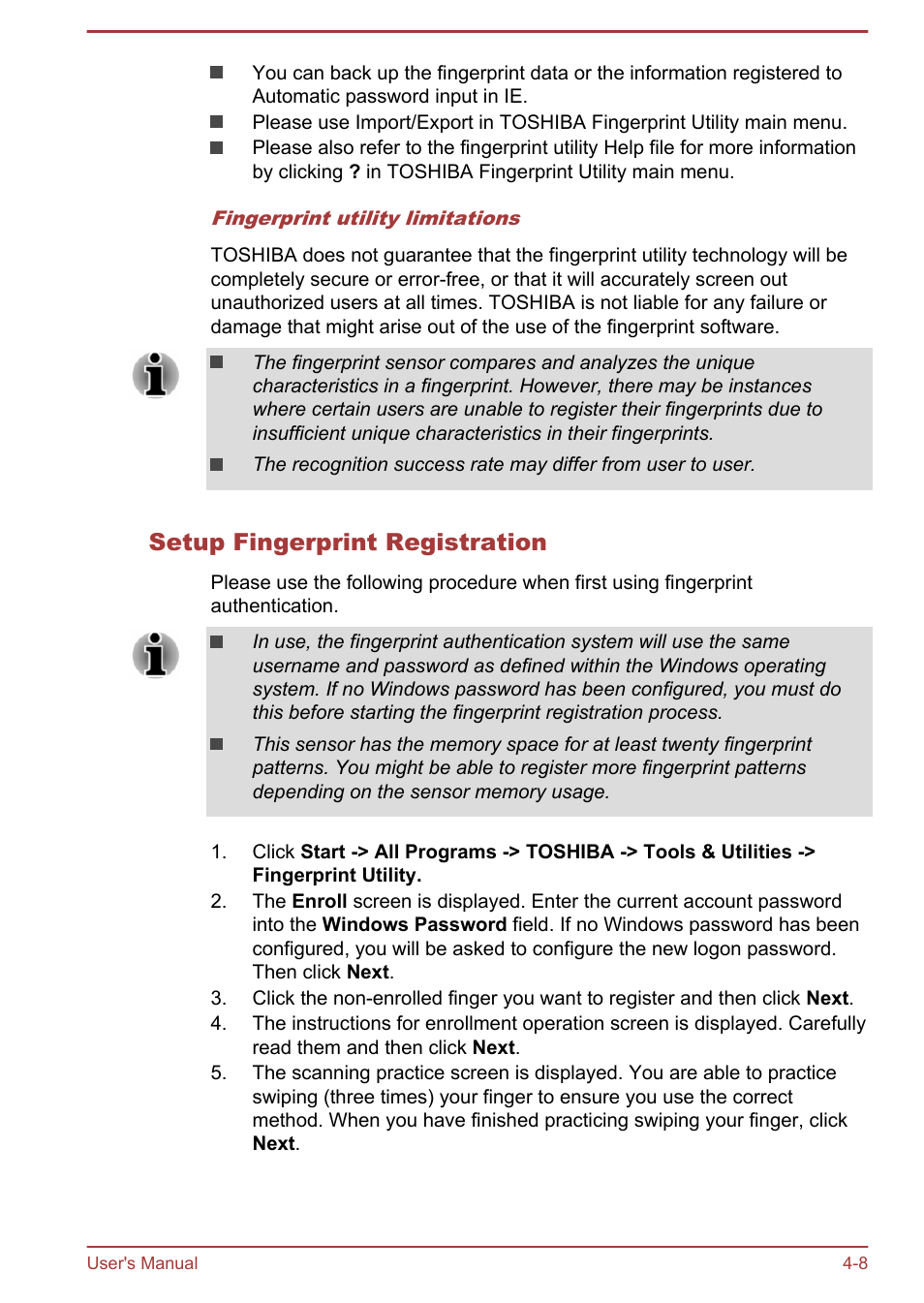 Setup fingerprint registration | Toshiba Tecra A50-A User Manual | Page 58 / 167