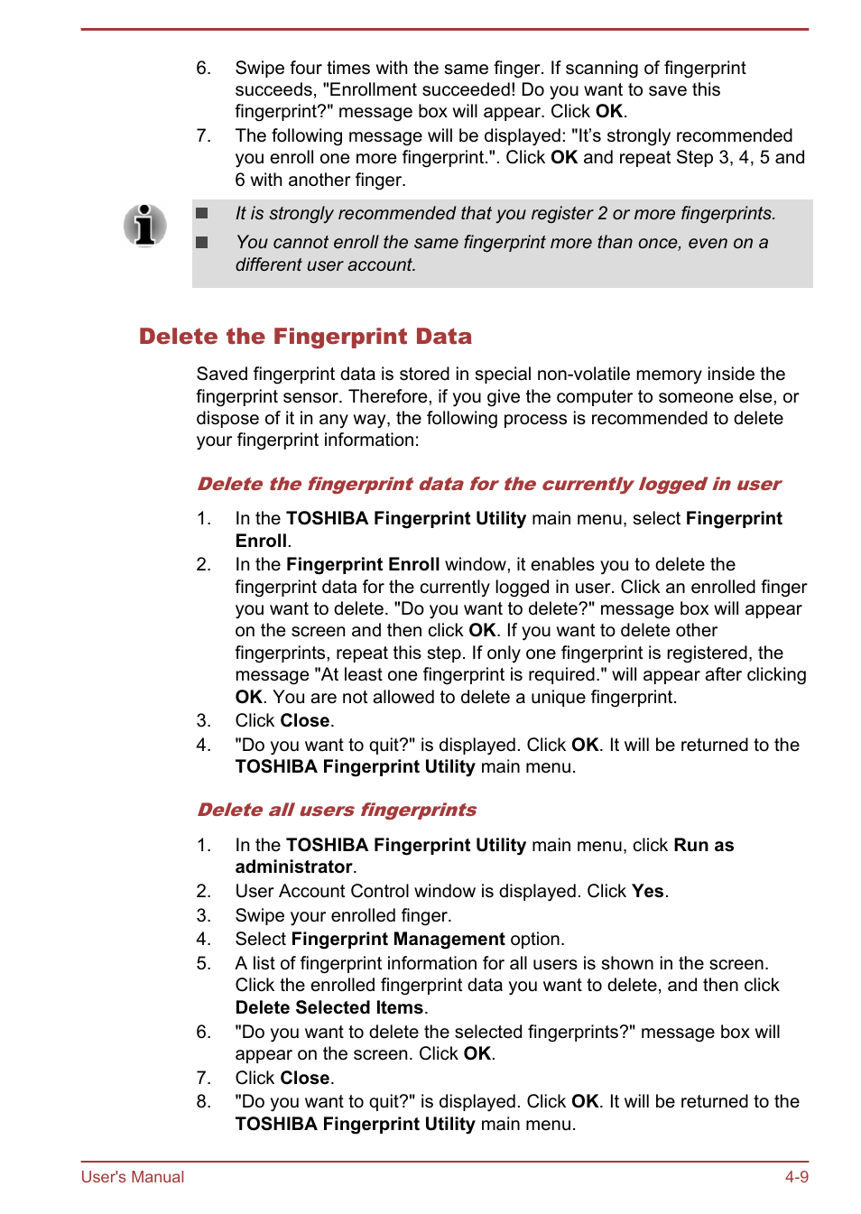 Delete the fingerprint data | Toshiba Tecra A50-A User Manual | Page 59 / 167