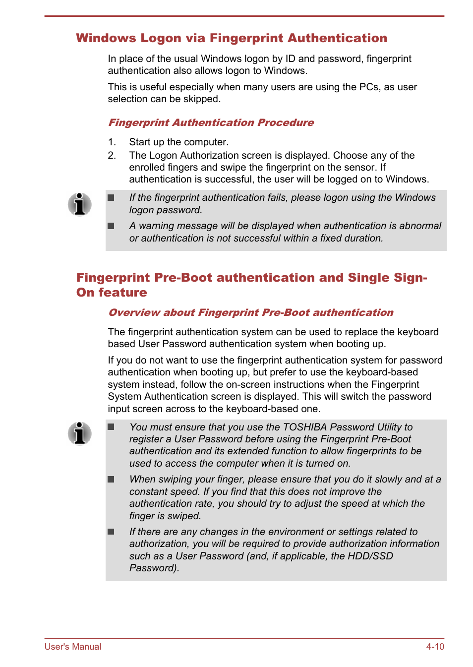 Windows logon via fingerprint authentication | Toshiba Tecra A50-A User Manual | Page 60 / 167