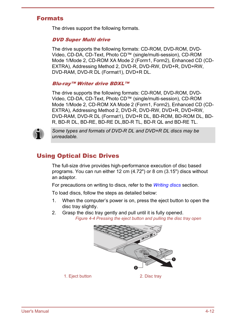 Formats, Using optical disc drives | Toshiba Tecra A50-A User Manual | Page 62 / 167