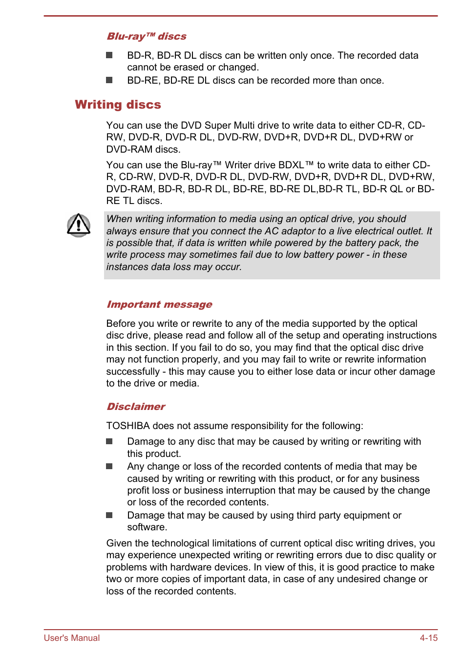 Writing discs | Toshiba Tecra A50-A User Manual | Page 65 / 167