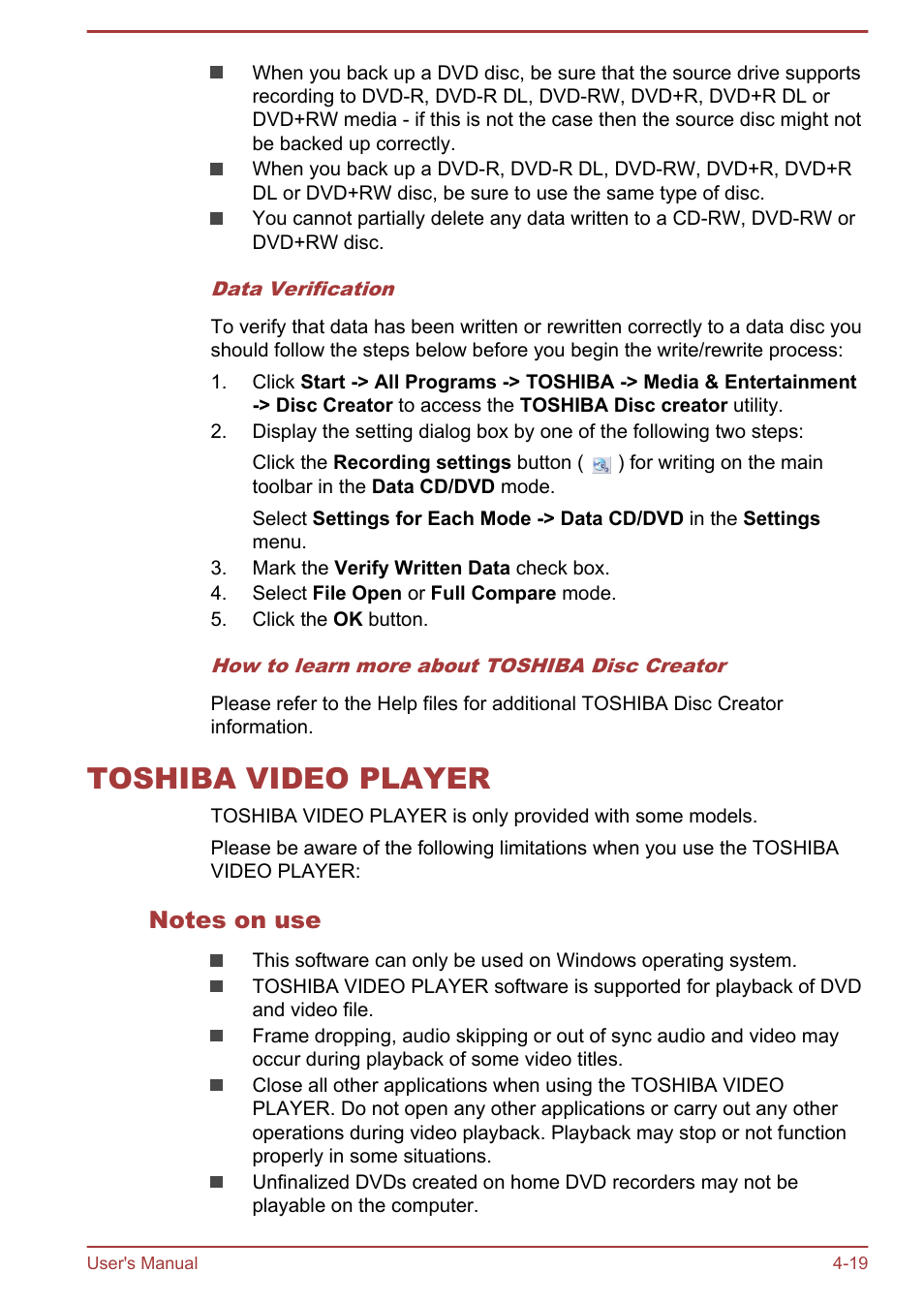 Toshiba video player, Notes on use, Toshiba video player -19 | Toshiba Tecra A50-A User Manual | Page 69 / 167