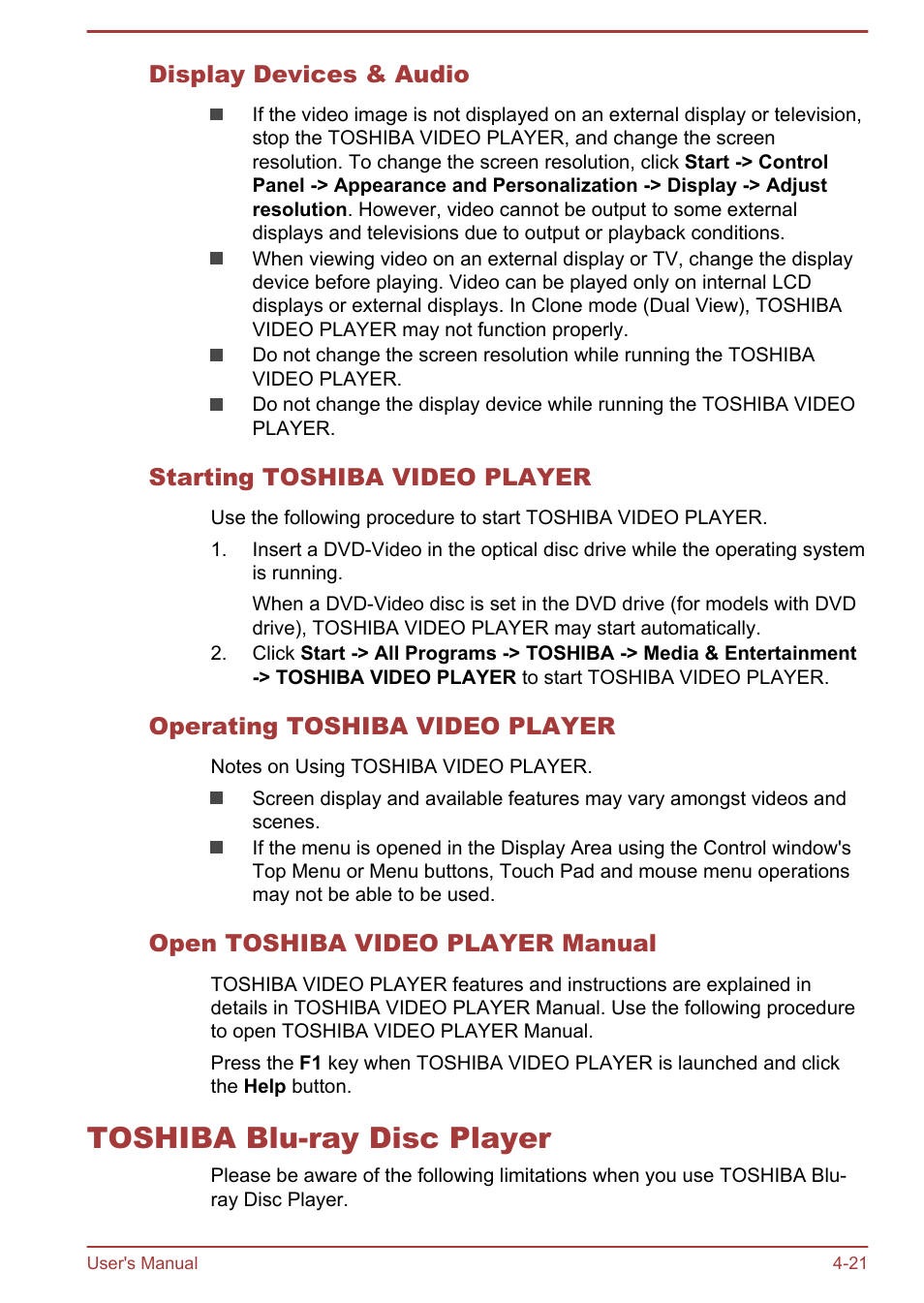 Display devices & audio, Starting toshiba video player, Operating toshiba video player | Open toshiba video player manual, Toshiba blu-ray disc player, Toshiba blu-ray disc player -21 | Toshiba Tecra A50-A User Manual | Page 71 / 167