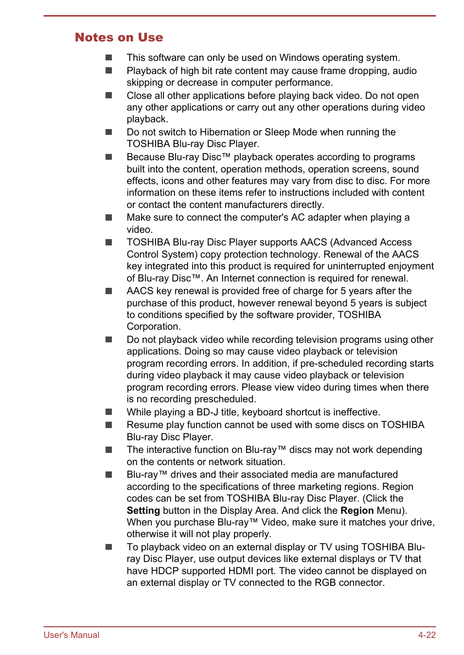 Notes on use | Toshiba Tecra A50-A User Manual | Page 72 / 167
