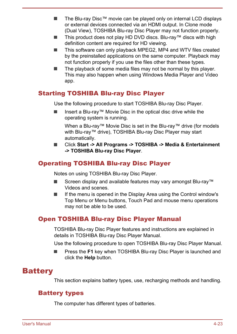 Starting toshiba blu-ray disc player, Operating toshiba blu-ray disc player, Open toshiba blu-ray disc player manual | Battery, Battery types, Battery -23 | Toshiba Tecra A50-A User Manual | Page 73 / 167