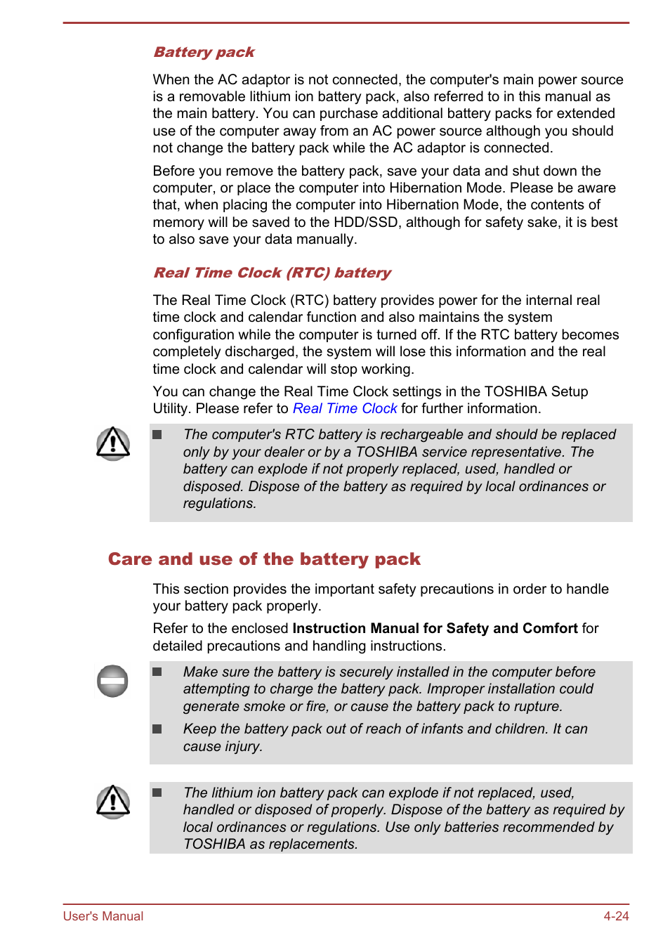 Care and use of the battery pack | Toshiba Tecra A50-A User Manual | Page 74 / 167