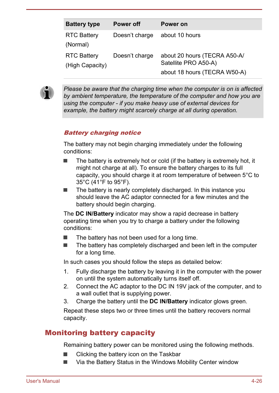 Monitoring battery capacity | Toshiba Tecra A50-A User Manual | Page 76 / 167