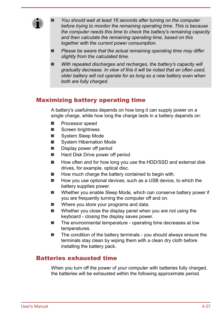 Maximizing battery operating time, Batteries exhausted time | Toshiba Tecra A50-A User Manual | Page 77 / 167