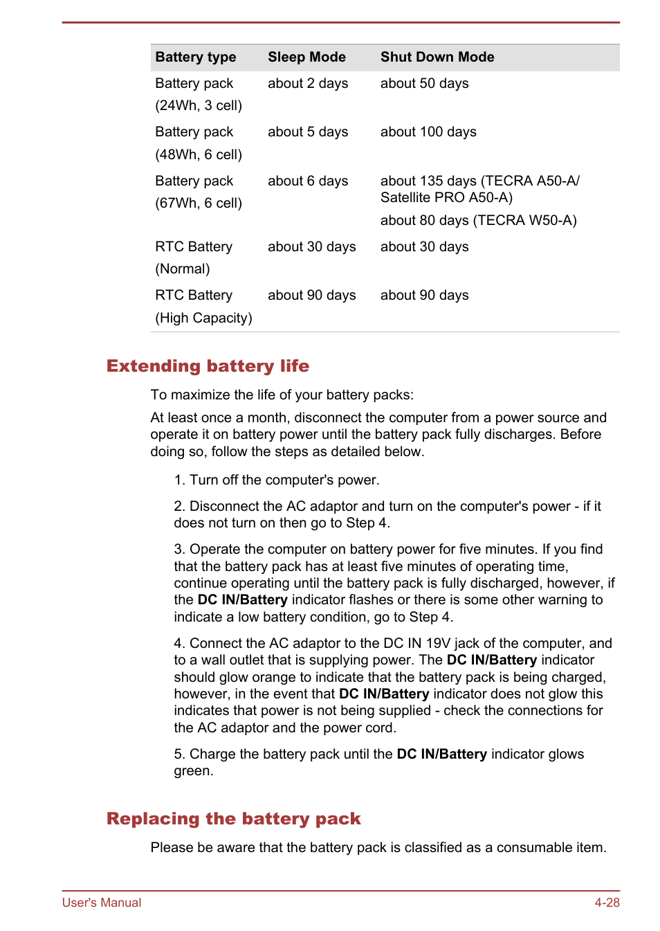 Extending battery life, Replacing the battery pack | Toshiba Tecra A50-A User Manual | Page 78 / 167