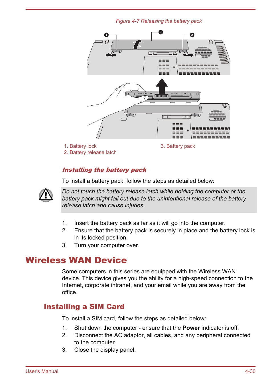 Wireless wan device, Installing a sim card, Wireless wan device -30 | Toshiba Tecra A50-A User Manual | Page 80 / 167
