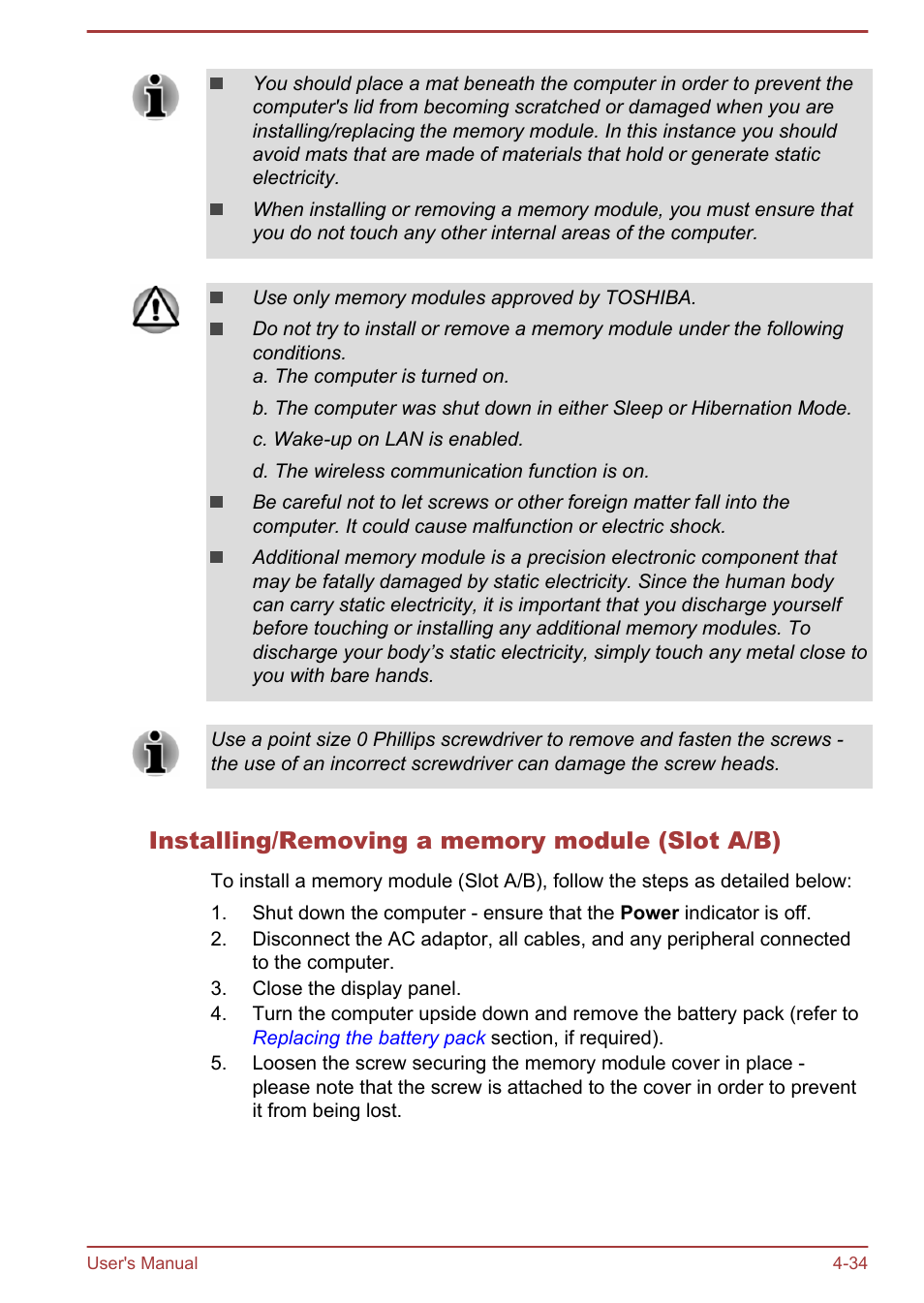 Installing/removing a memory module (slot a/b) | Toshiba Tecra A50-A User Manual | Page 84 / 167