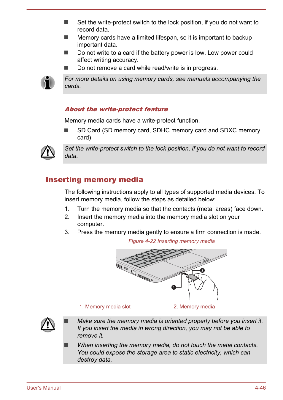 Inserting memory media | Toshiba Tecra A50-A User Manual | Page 96 / 167
