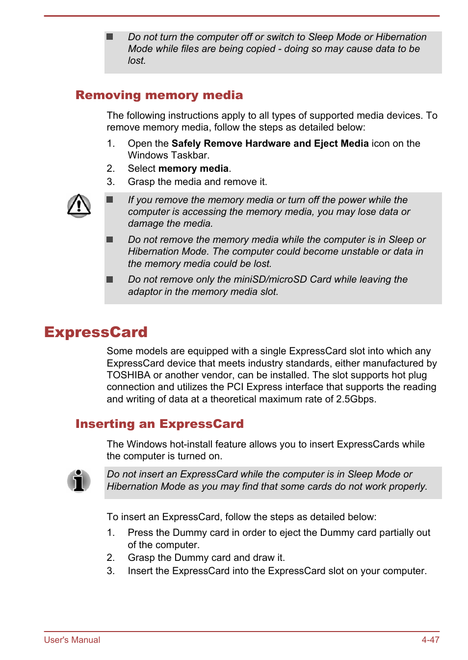 Removing memory media, Expresscard, Inserting an expresscard | Expresscard -47 | Toshiba Tecra A50-A User Manual | Page 97 / 167