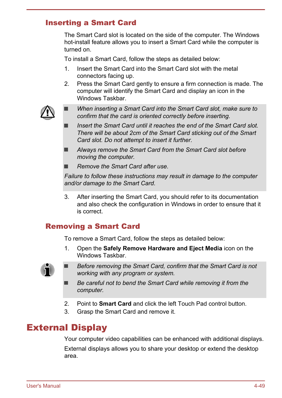 Inserting a smart card, Removing a smart card, External display | External display -49 | Toshiba Tecra A50-A User Manual | Page 99 / 167