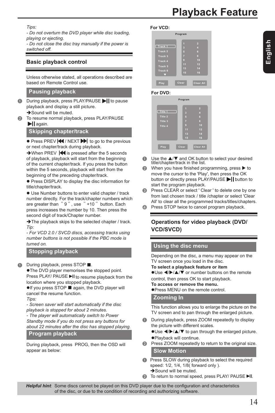 Playback feature, Eng lis h, Basic playback control | Pausing playback, Skipping chapter/track, Stopping playback, Program playback, Operations for video playback (dvd/ vcd/svcd), Using the disc menu, Zooming in | Toshiba SD3010 User Manual | Page 15 / 26