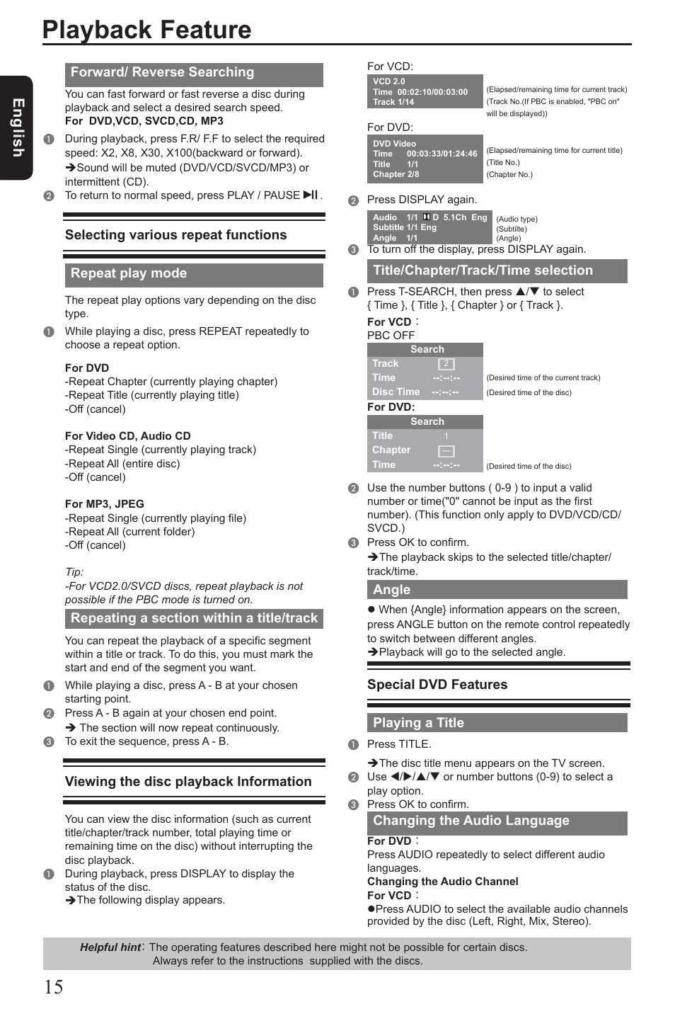 Playback feature, Eng lis h, Forward/ reverse searching | Selecting various repeat functions, Repeat play mode, Viewing the disc playback information, Title/chapter/track/time selection, Angle, Special dvd features, Playing a title | Toshiba SD3010 User Manual | Page 16 / 26