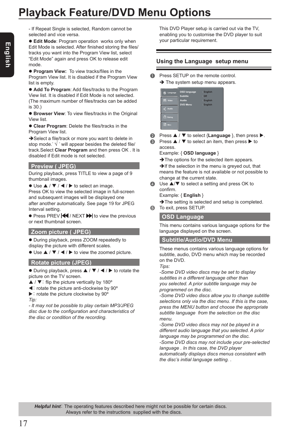 Playback feature/dvd menu options, Eng lis h, Using the language setup menu | Osd language, Subtitle/audio/dvd menu, Preview ( jpeg), Zoom picture ( jpeg), Rotate picture (jpeg) | Toshiba SD3010 User Manual | Page 18 / 26