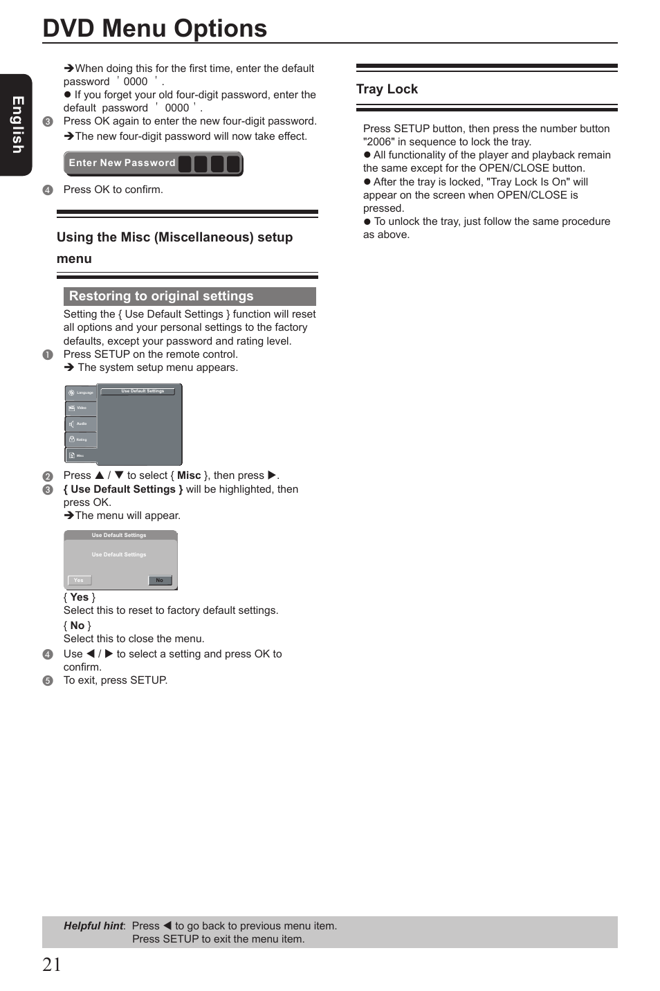 Dvd menu options, Eng lis h, Using the misc (miscellaneous) setup menu | Restoring to original settings, Tray lock | Toshiba SD3010 User Manual | Page 22 / 26
