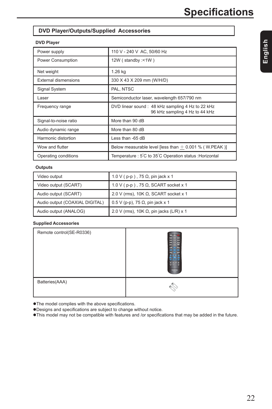 Specifications, Eng lis h | Toshiba SD3010 User Manual | Page 23 / 26