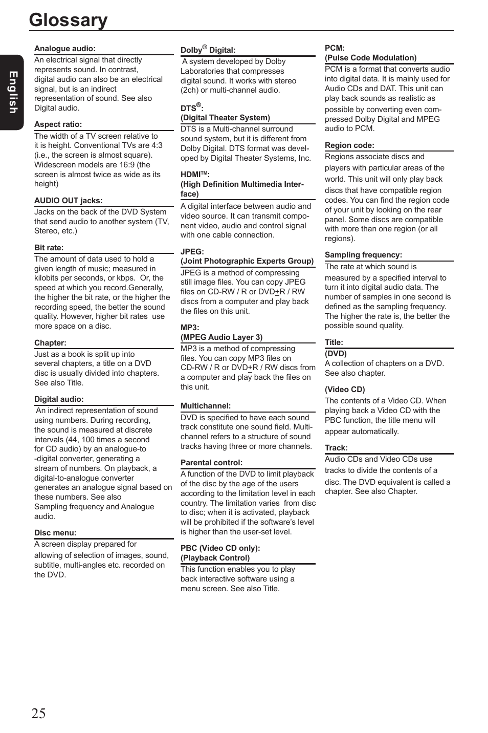 Glossary, Eng lis h | Toshiba SD3010 User Manual | Page 26 / 26