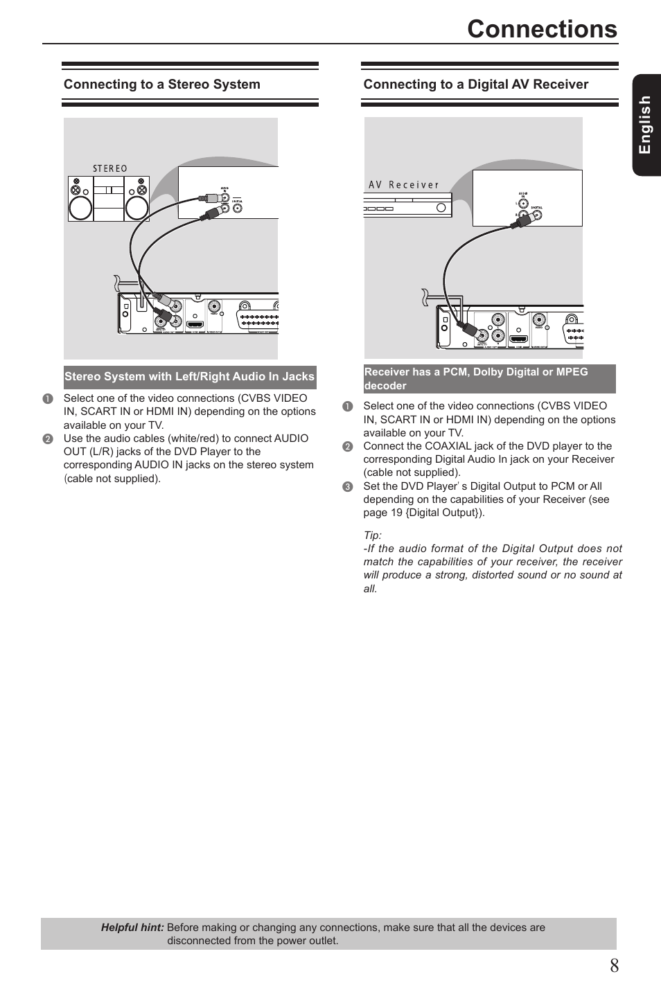 Connections, Eng lis h | Toshiba SD3010 User Manual | Page 9 / 26