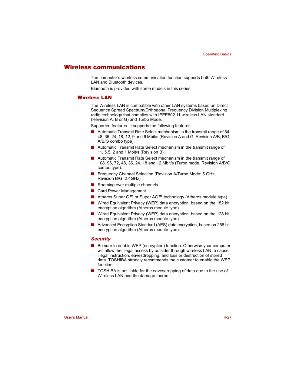 Wireless communications, Wireless lan, Wireless communications -27 | Wireless lan -27 | Toshiba Tecra A4 (PTA40) User Manual | Page 101 / 204