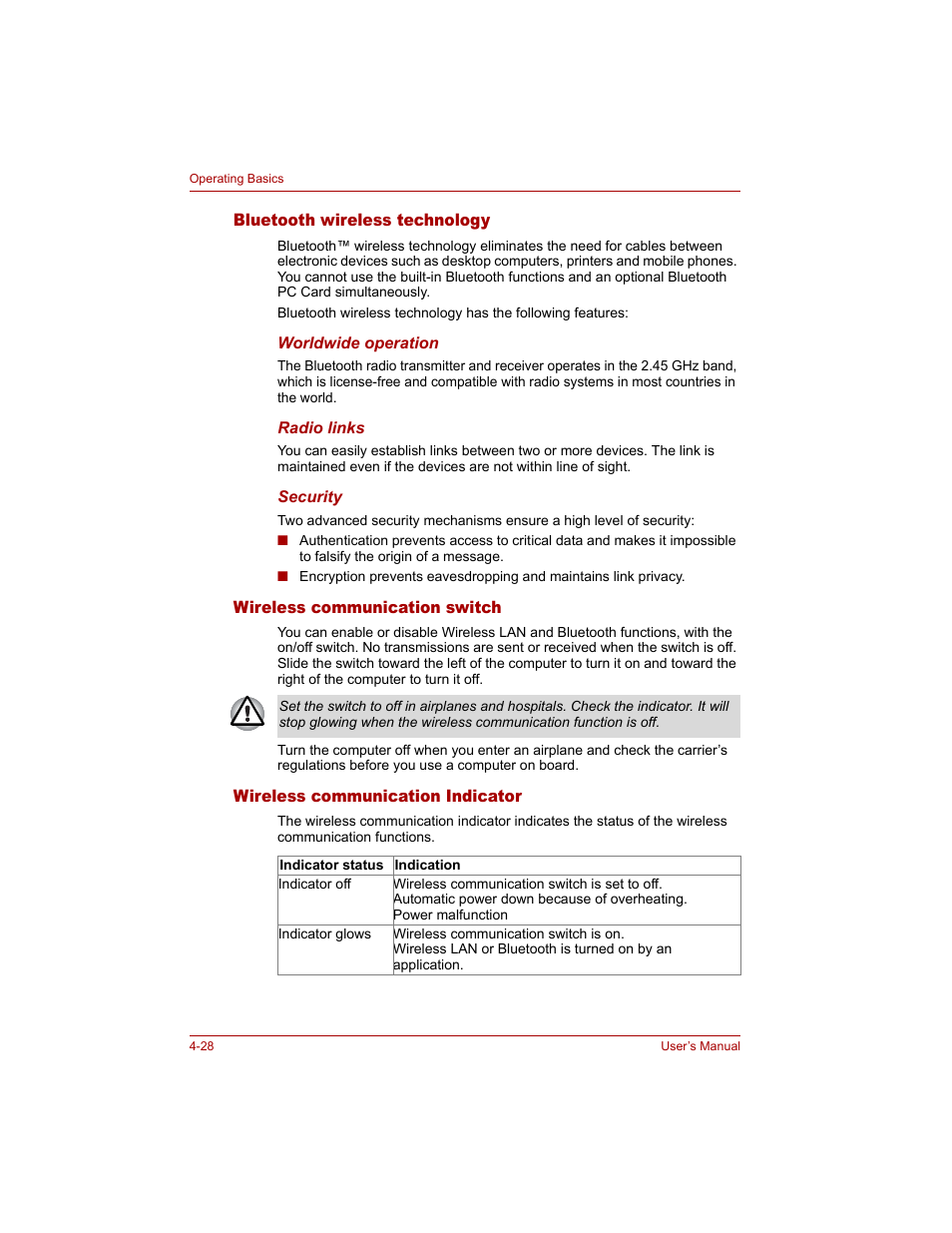 Bluetooth wireless technology, Wireless communication switch, Wireless communication indicator | Toshiba Tecra A4 (PTA40) User Manual | Page 102 / 204