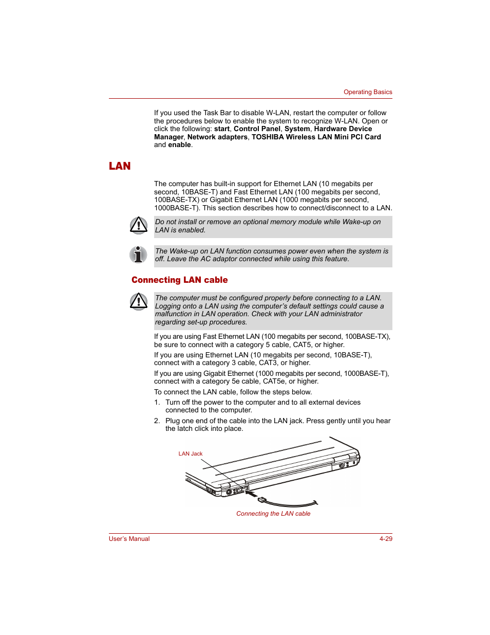 Connecting lan cable, Lan -29, Connecting lan cable -29 | Toshiba Tecra A4 (PTA40) User Manual | Page 103 / 204