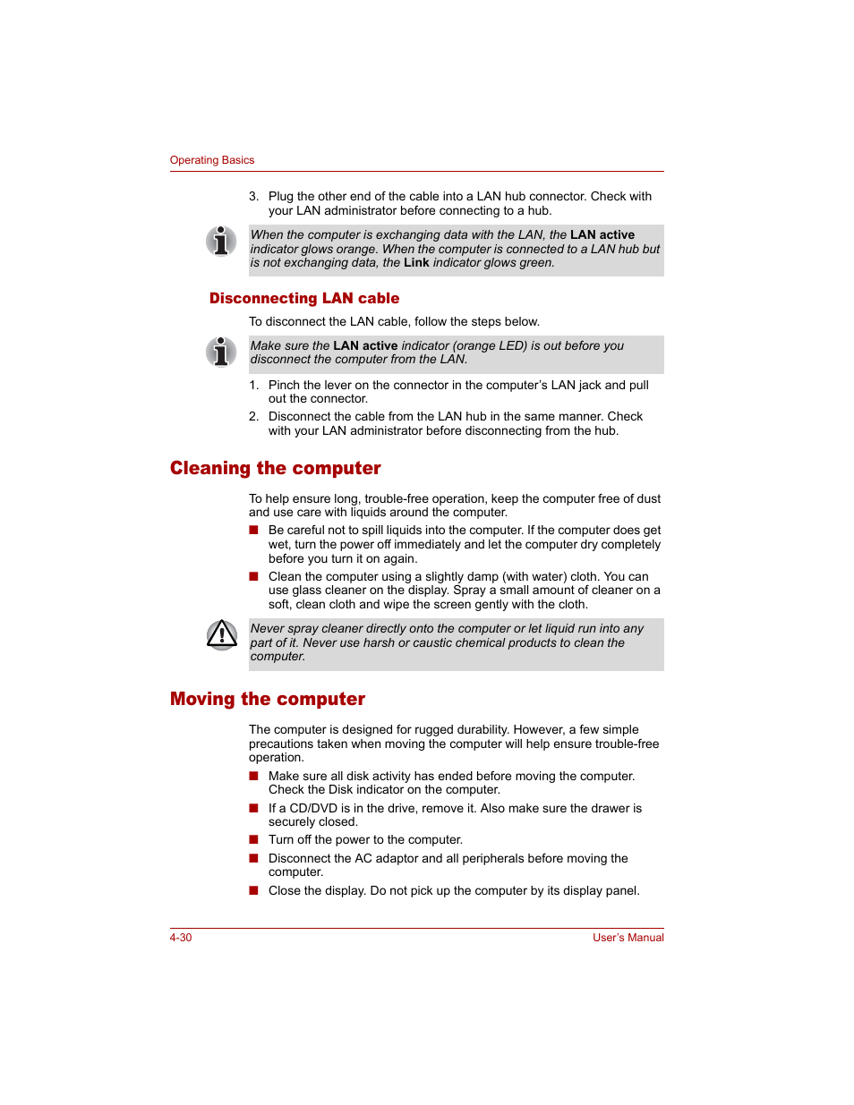 Disconnecting lan cable, Cleaning the computer, Moving the computer | Disconnecting lan cable -30, Cleaning the computer -30 moving the computer -30 | Toshiba Tecra A4 (PTA40) User Manual | Page 104 / 204