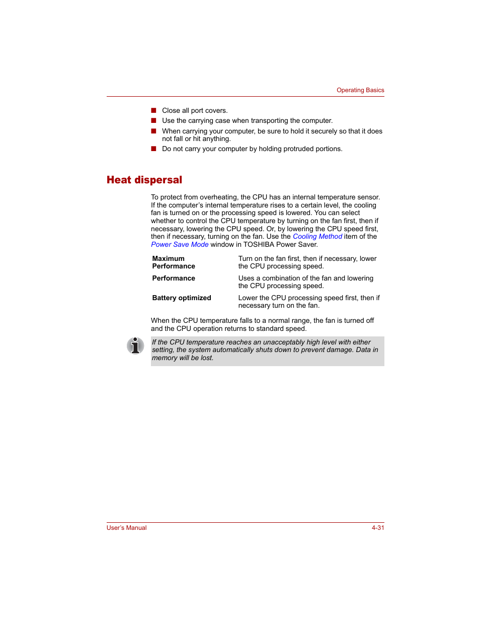 Heat dispersal, Heat dispersal -31 | Toshiba Tecra A4 (PTA40) User Manual | Page 105 / 204