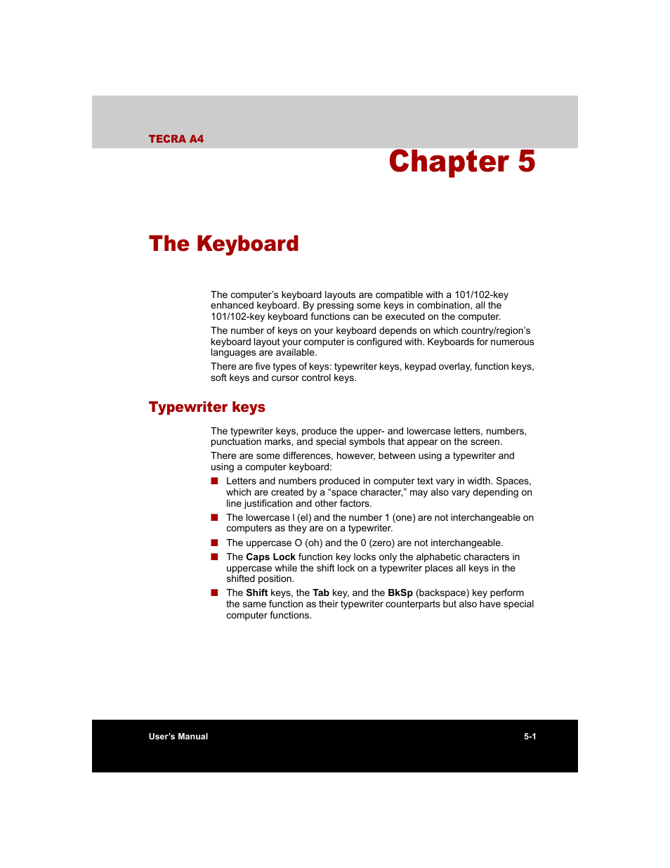 Chapter 5 - the keyboard, Typewriter keys, Chapter 5 | The keyboard, Typewriter keys -1, Apter 5, Keyboard | Toshiba Tecra A4 (PTA40) User Manual | Page 107 / 204