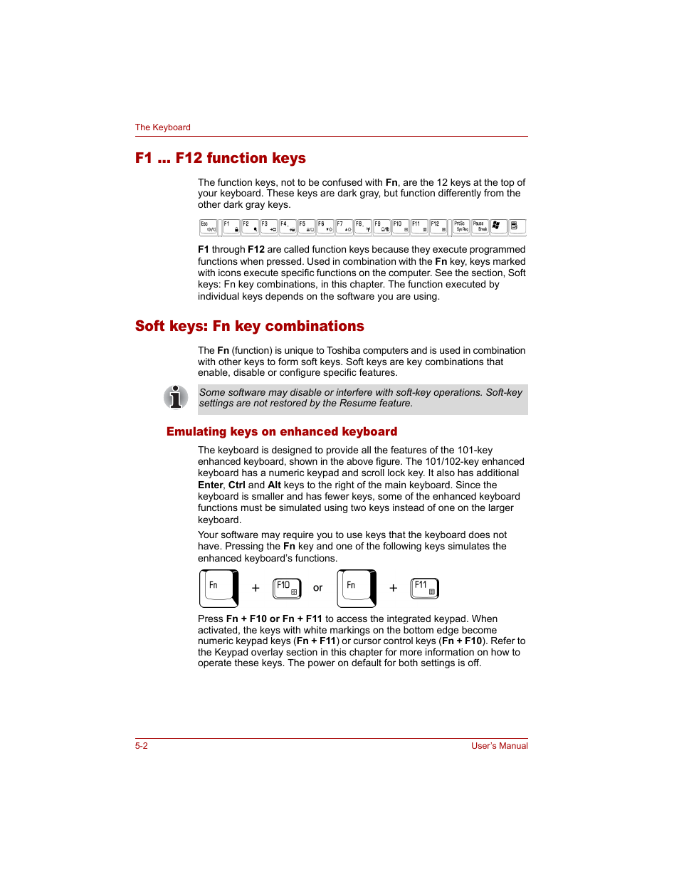 F1 ... f12 function keys, Soft keys: fn key combinations, Emulating keys on enhanced keyboard | Emulating keys on enhanced keyboard -2 | Toshiba Tecra A4 (PTA40) User Manual | Page 108 / 204