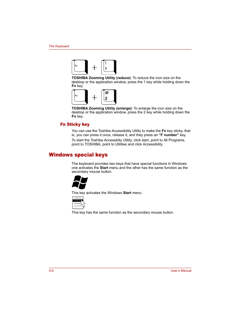 Fn sticky key, Windows special keys, Fn sticky key -6 | Windows special keys -6 | Toshiba Tecra A4 (PTA40) User Manual | Page 112 / 204