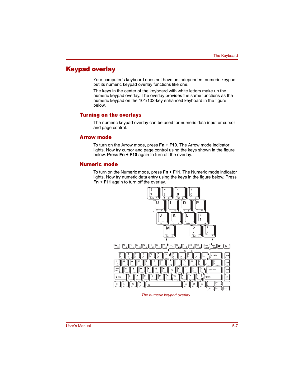 Keypad overlay, Turning on the overlays, Arrow mode | Numeric mode, Keypad overlay -7, Keypad, Overlay, Section in | Toshiba Tecra A4 (PTA40) User Manual | Page 113 / 204