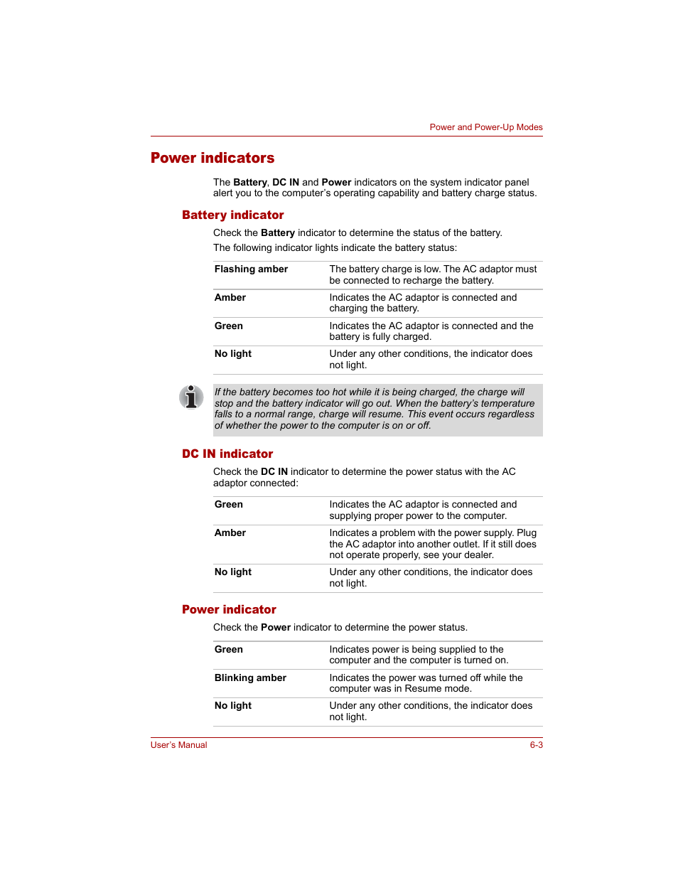 Power indicators, Battery indicator, Dc in indicator | Power indicator, Power indicators -3 | Toshiba Tecra A4 (PTA40) User Manual | Page 117 / 204