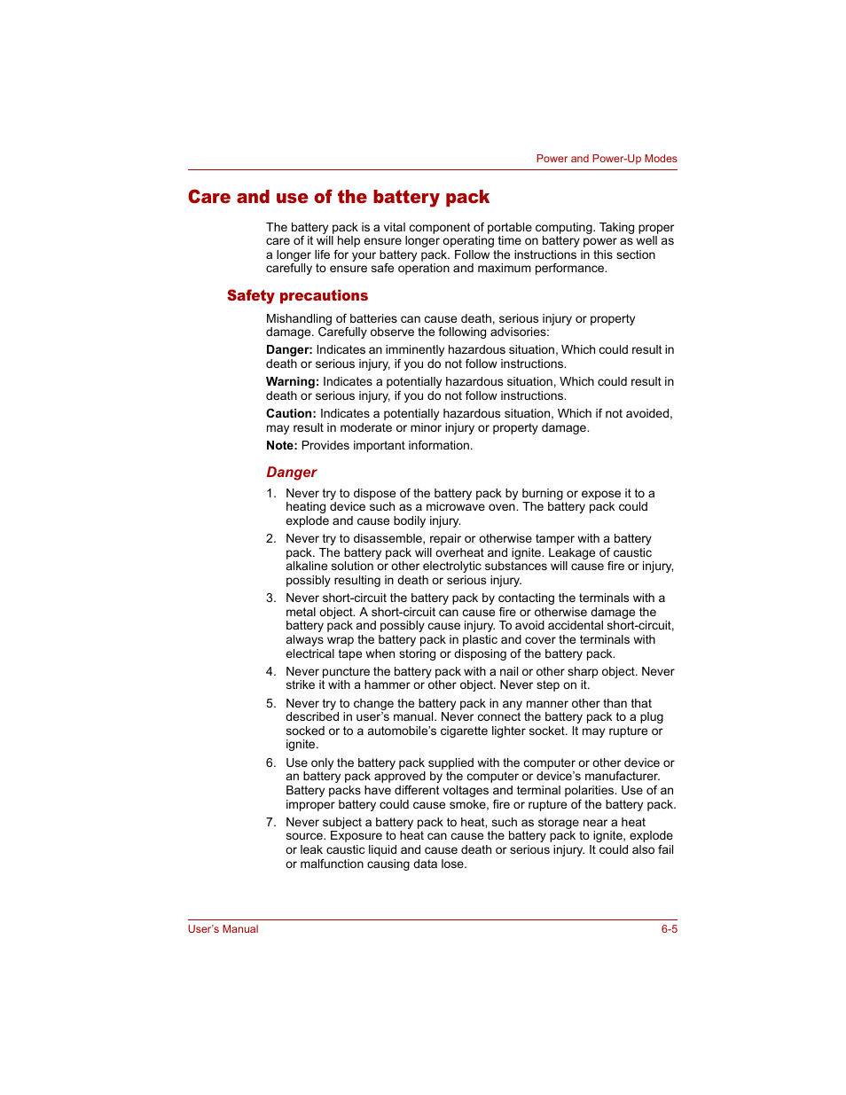 Care and use of the battery pack, Safety precautions, Care and use of the battery pack -5 | Safety precautions -5 | Toshiba Tecra A4 (PTA40) User Manual | Page 119 / 204