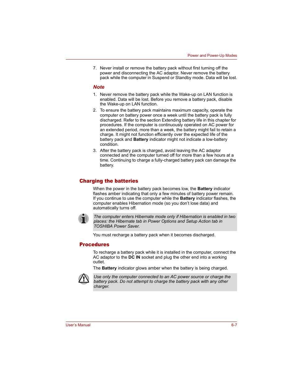 Charging the batteries, Procedures, Charging the batteries -7 procedures -7 | Toshiba Tecra A4 (PTA40) User Manual | Page 121 / 204