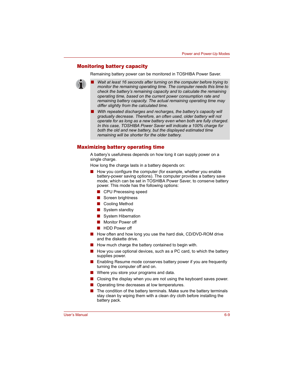 Monitoring battery capacity, Maximizing battery operating time, Cooling method | Toshiba Tecra A4 (PTA40) User Manual | Page 123 / 204