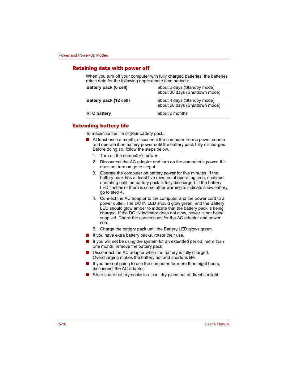 Retaining data with power off, Extending battery life | Toshiba Tecra A4 (PTA40) User Manual | Page 124 / 204