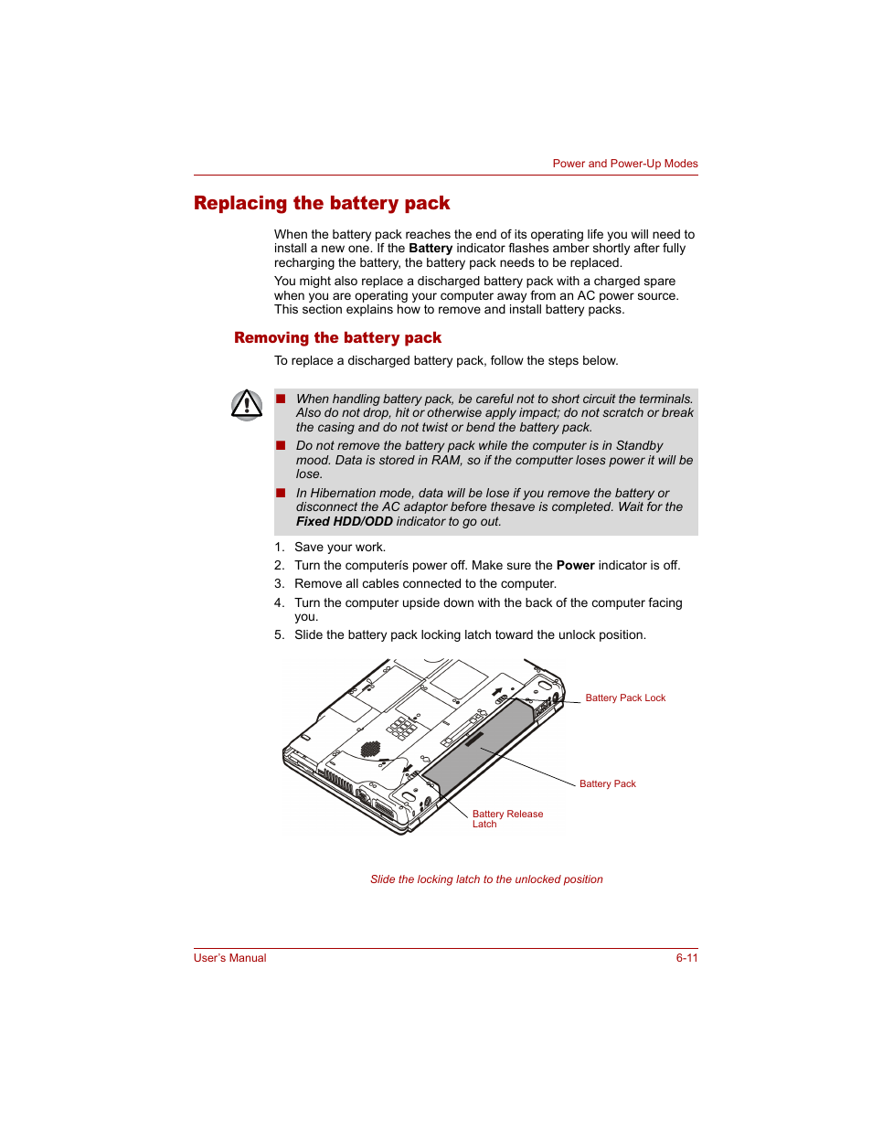 Replacing the battery pack, Removing the battery pack, Replacing the battery pack -11 | Removing the battery pack -11 | Toshiba Tecra A4 (PTA40) User Manual | Page 125 / 204