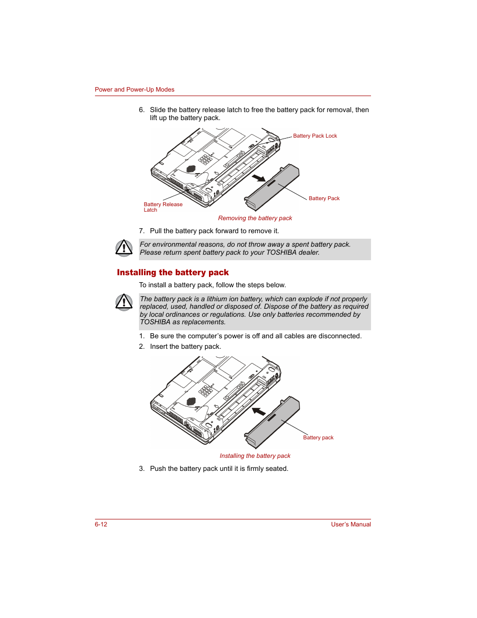 Installing the battery pack, Installing the battery pack -12 | Toshiba Tecra A4 (PTA40) User Manual | Page 126 / 204