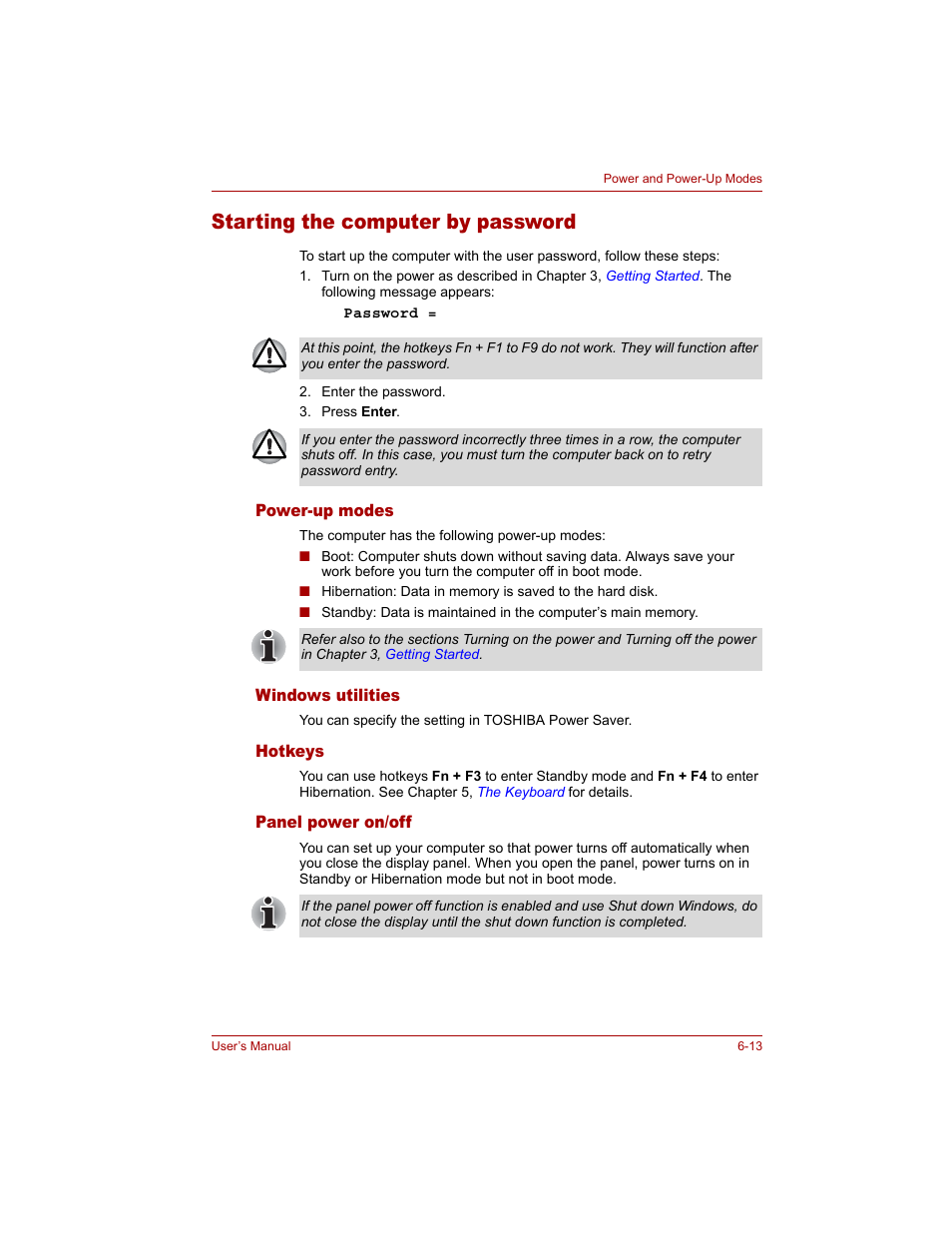 Starting the computer by password, Power-up modes, Windows utilities | Hotkeys, Panel power on/off, Starting the computer by password -13 | Toshiba Tecra A4 (PTA40) User Manual | Page 127 / 204