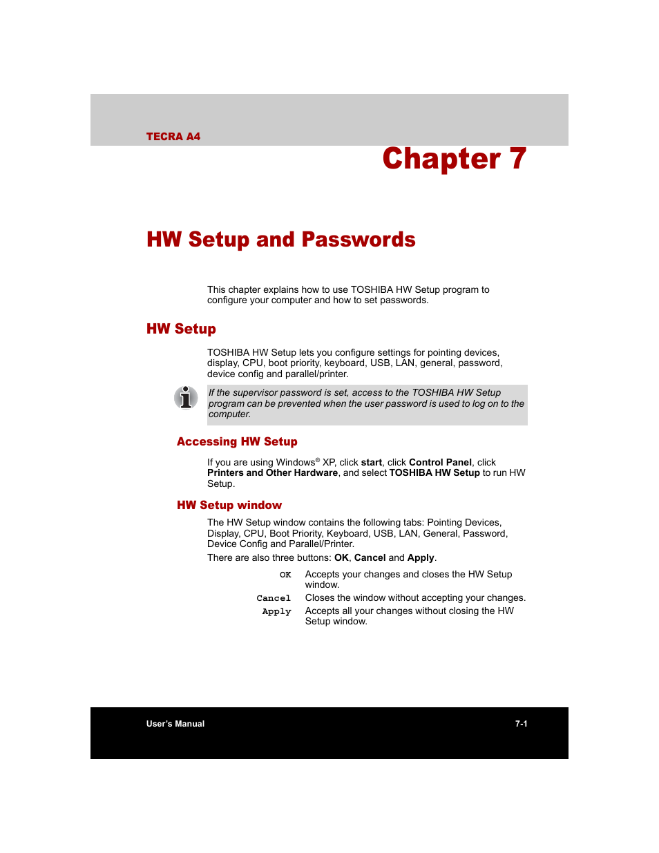 Chapter 7 - hw setup and passwords, Hw setup, Accessing hw setup | Hw setup window, Chapter 7, Hw setup and passwords, Hw setup -1, Accessing hw setup -1 hw setup window -1, Hw setup and, Passwords | Toshiba Tecra A4 (PTA40) User Manual | Page 129 / 204