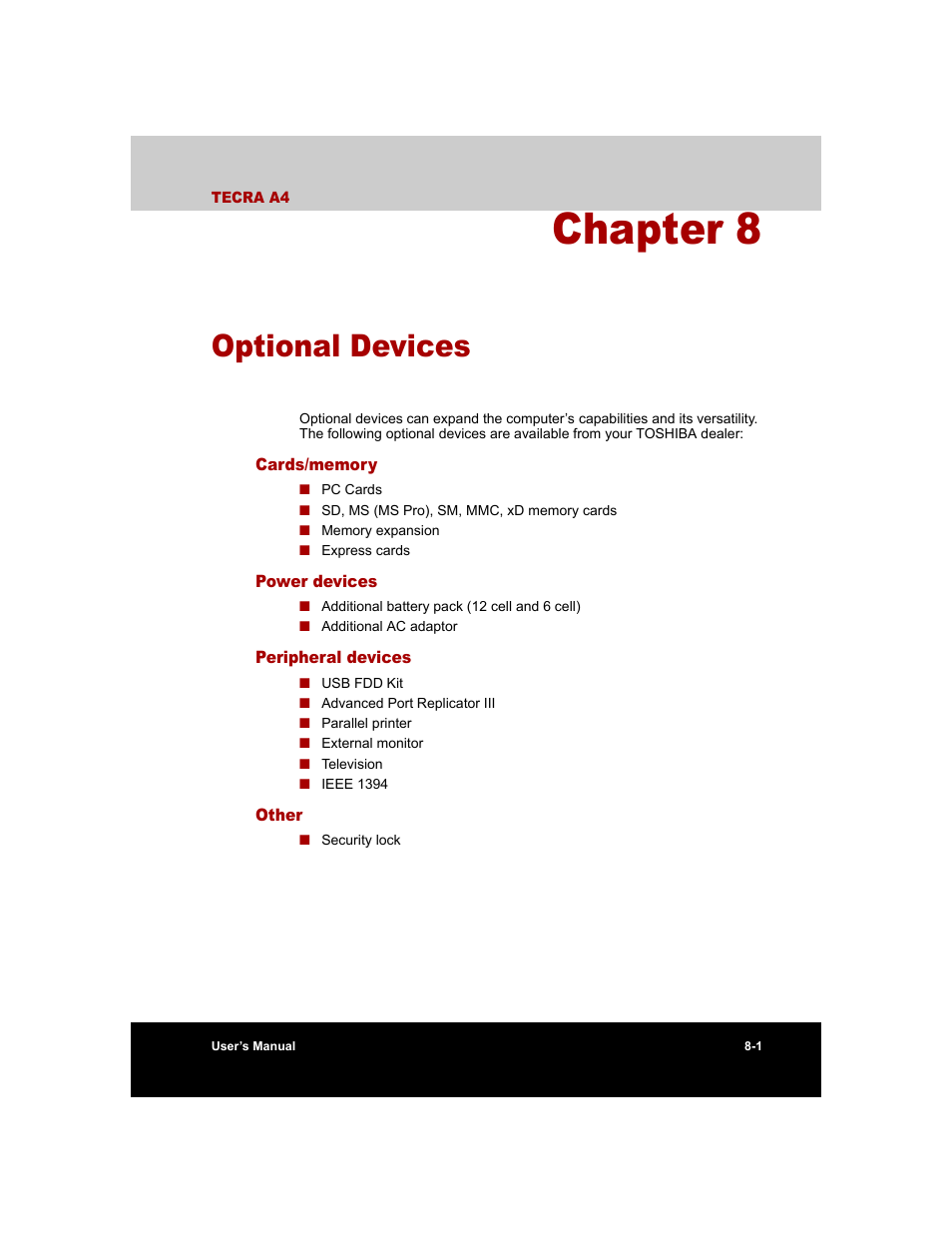 Chapter 8 - optional devices, Cards/memory, Power devices | Peripheral devices, Other, Chapter 8, Optional devices, Hapter 8 | Toshiba Tecra A4 (PTA40) User Manual | Page 135 / 204